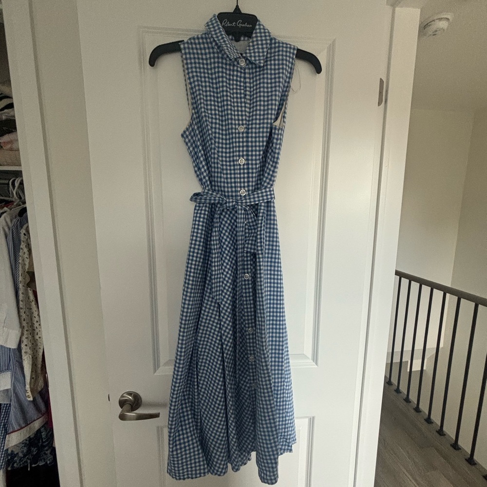Long Sleevevless Blue Gingham Picnic Dress - Size 2